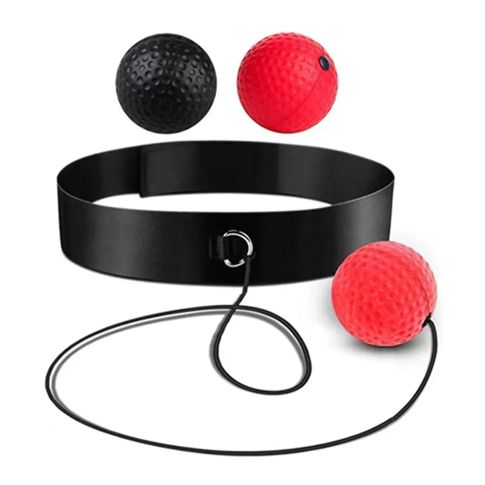 Head-mounted boxing reaction training ball with adjustable headband and choice of red, green, or yellow soft balls.