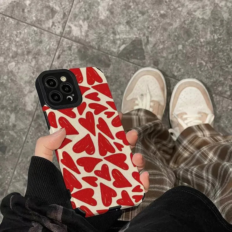 All-inclusive imitation leather phone case with full screen red love heart design for Apple iPhone.