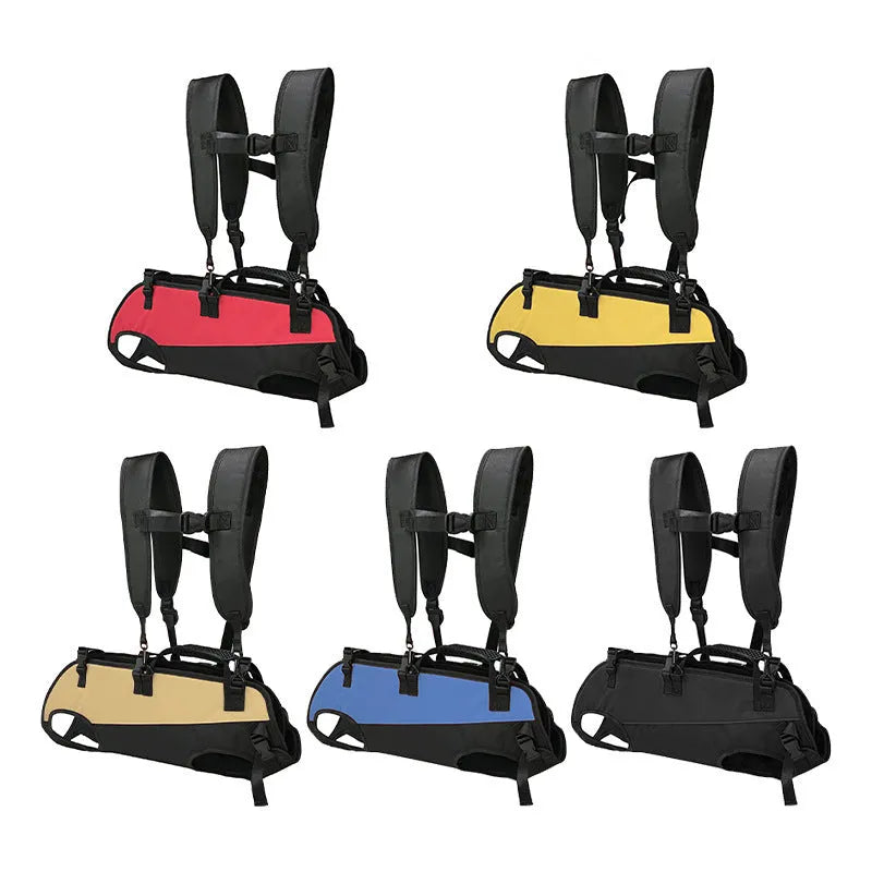 Multifunctional Oxford cloth pet backpack shown in black, designed for use as a backpack or an airborne walking stretcher.