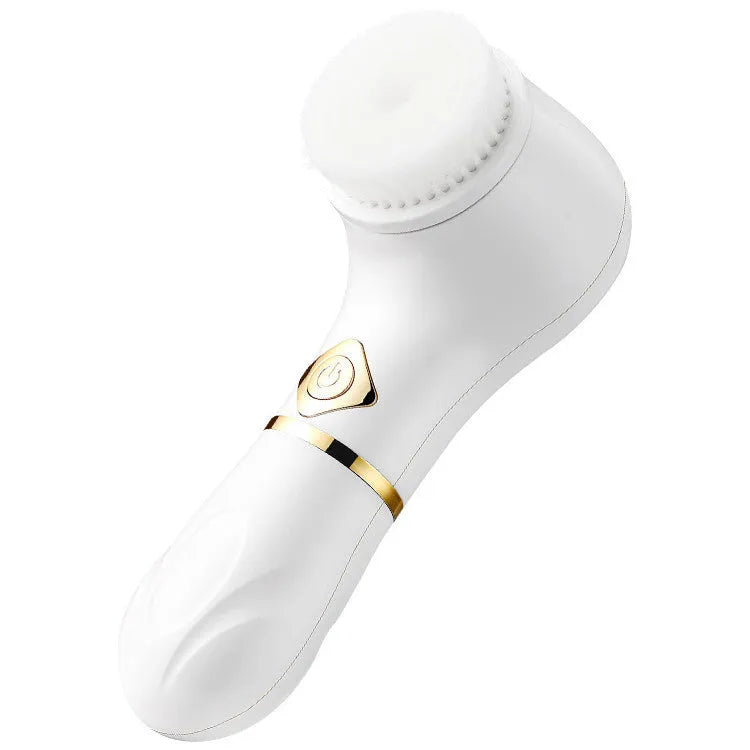 White electric facial cleanser with vibration for pore cleaning, battery operated, compact size, USB option