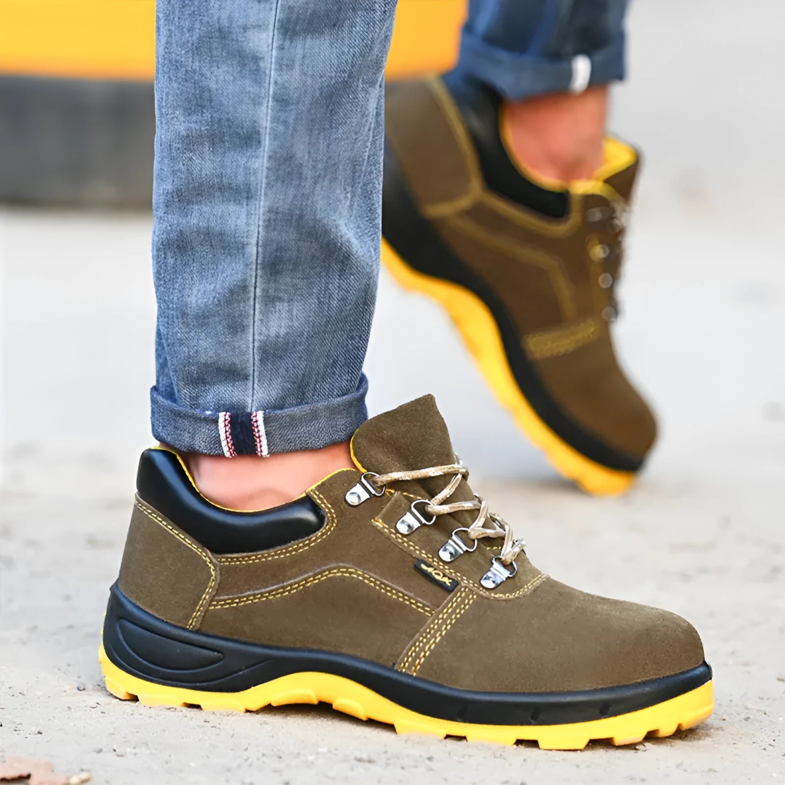 Bronze cow suede leather steel toe safety boots with anti-skid sole for workplace protection