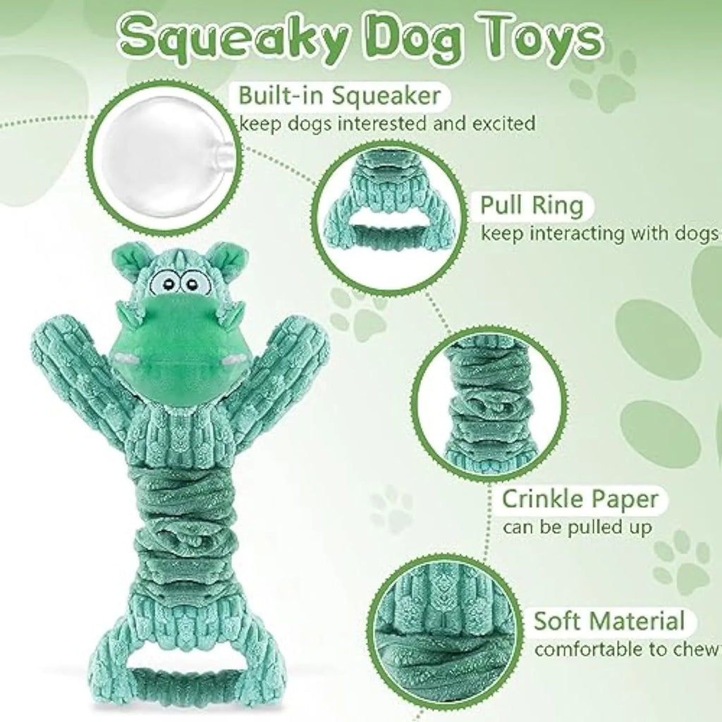 Large soft plush dog toy shaped like a hippo or monkey with a telescopic handle at the base