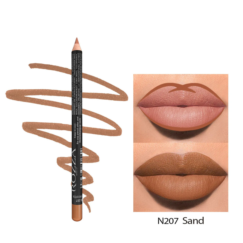 Matte wood lip liner pencil in silver casing with 14 numbered shades from 201 to 214