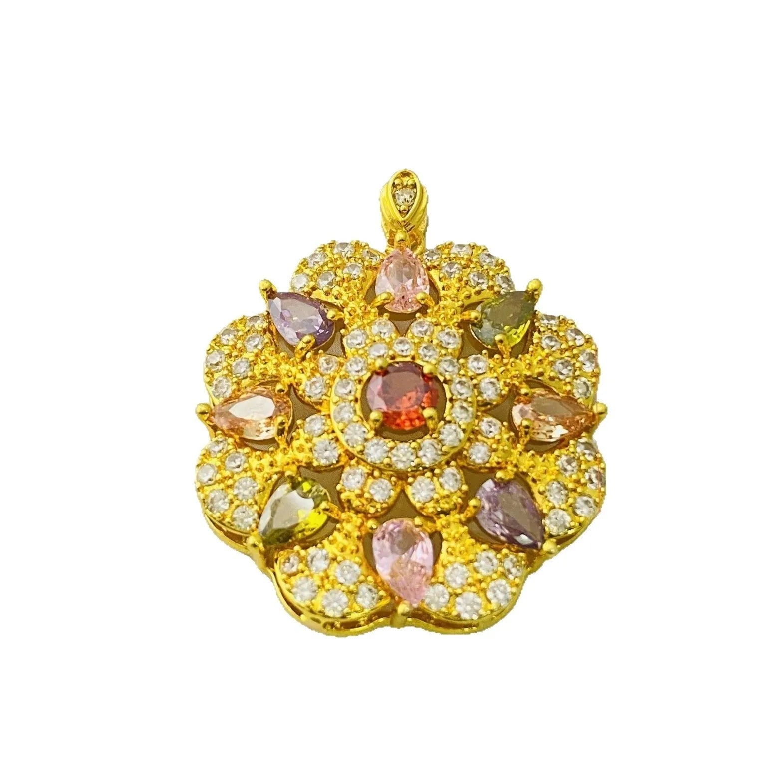 Women's colourful zircon flower pendant necklace in gold, champagne gold and platinum colour finishes
