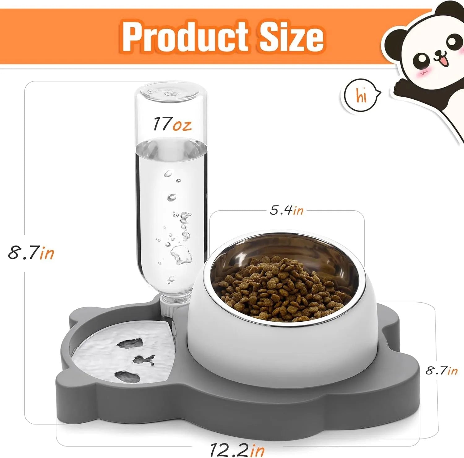 Elevated panda-shaped pet feeding bowl set with tilted stainless steel bowl and automatic water dispenser bottle