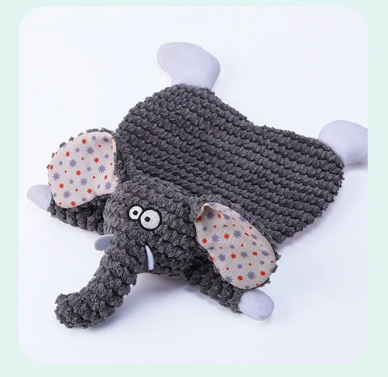 Pet stuffed toy with crinkle paper sounds in fox or elephant design with velvet fabric
