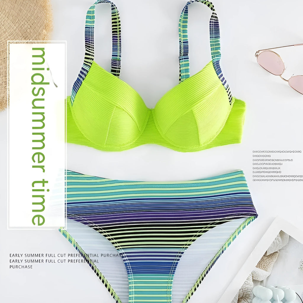 Green printed halter neck bikini set with split briefs on white background