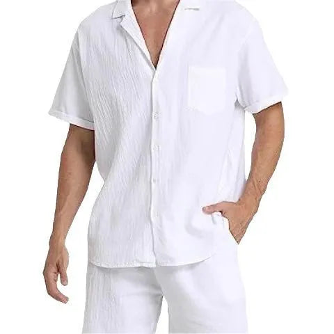 Men's flax summer sports suit with short sleeves and matching shorts in multiple colour options