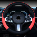 Leather steering wheel cover for 38cm wheel with non-slip grip and sports style, shown in black.