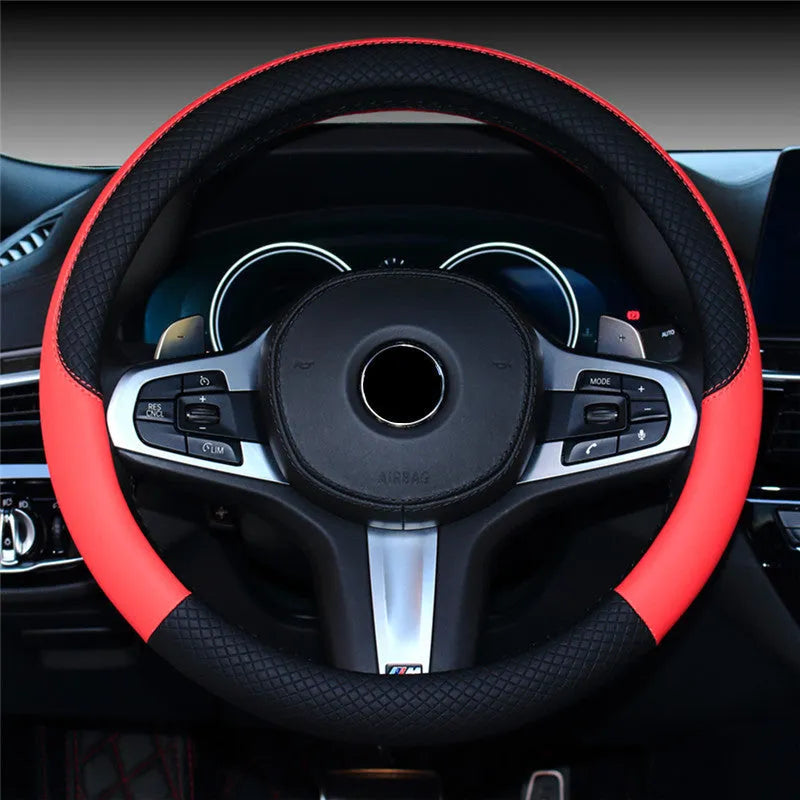 Leather steering wheel cover for 38cm wheel with non-slip grip and sports style, shown in black.