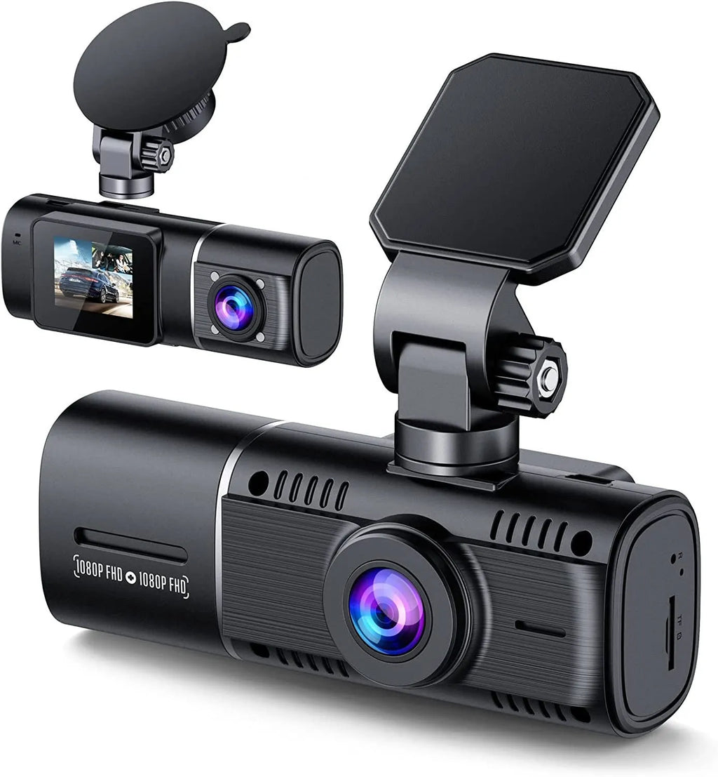 Black dash camera with dual lenses for front and rear recording, 1.5-inch screen, and car mounting stand