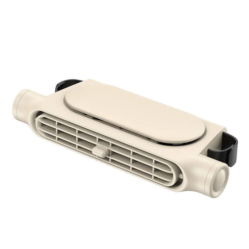 USB plug-in car seat fan with velcro straps, shown in black, white, and beige colour options.