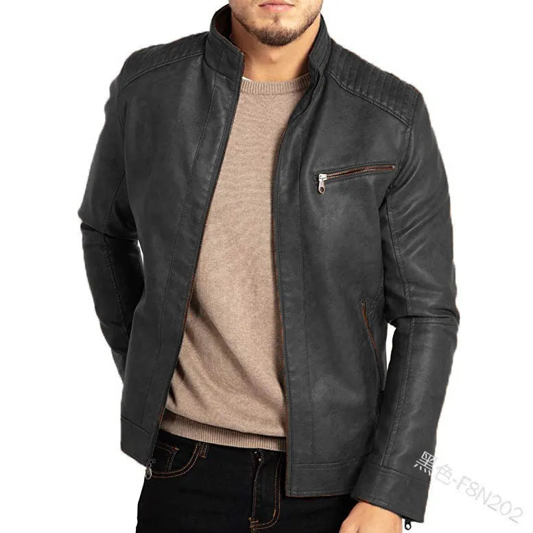 Men's brown artificial leather punk motorcycle jacket with stand collar and patch pockets on a hanger