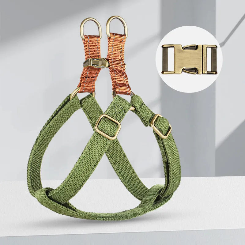 Brown vest-style dog leash with cotton webbing and alloy fastener for small to medium dogs