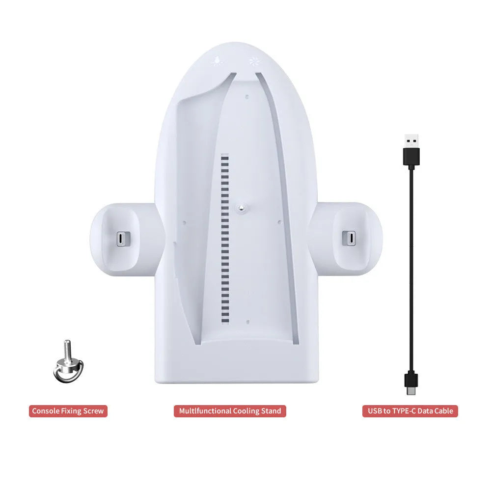 White PS5 Slim multi-function charging station with RGB ambient light and cooling fan.