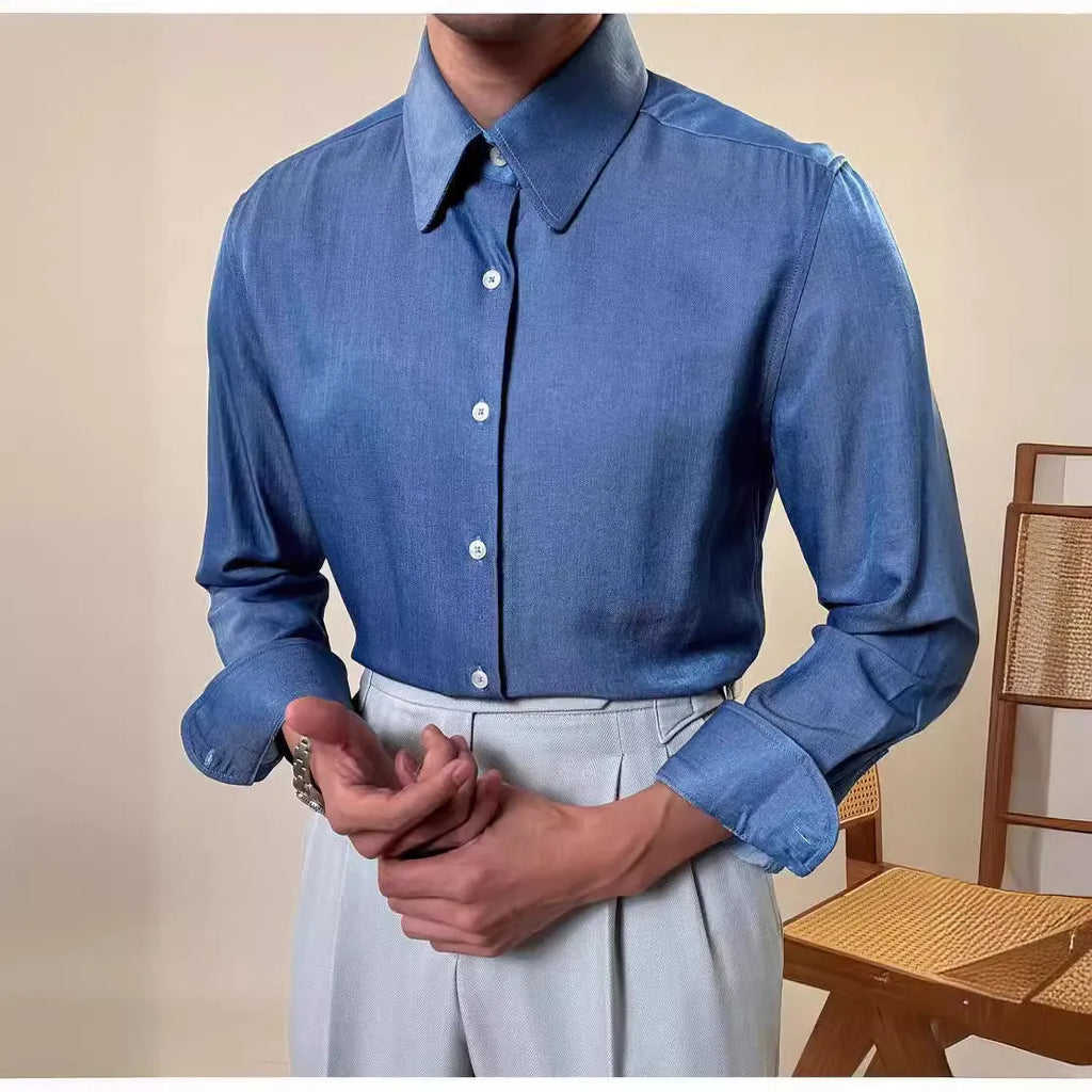 Men's dark blue slim fit round collar long sleeve shirt on hanger