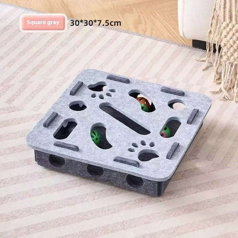 Square felt cat toy puzzle box 30cm with multiple holes in green brown colour