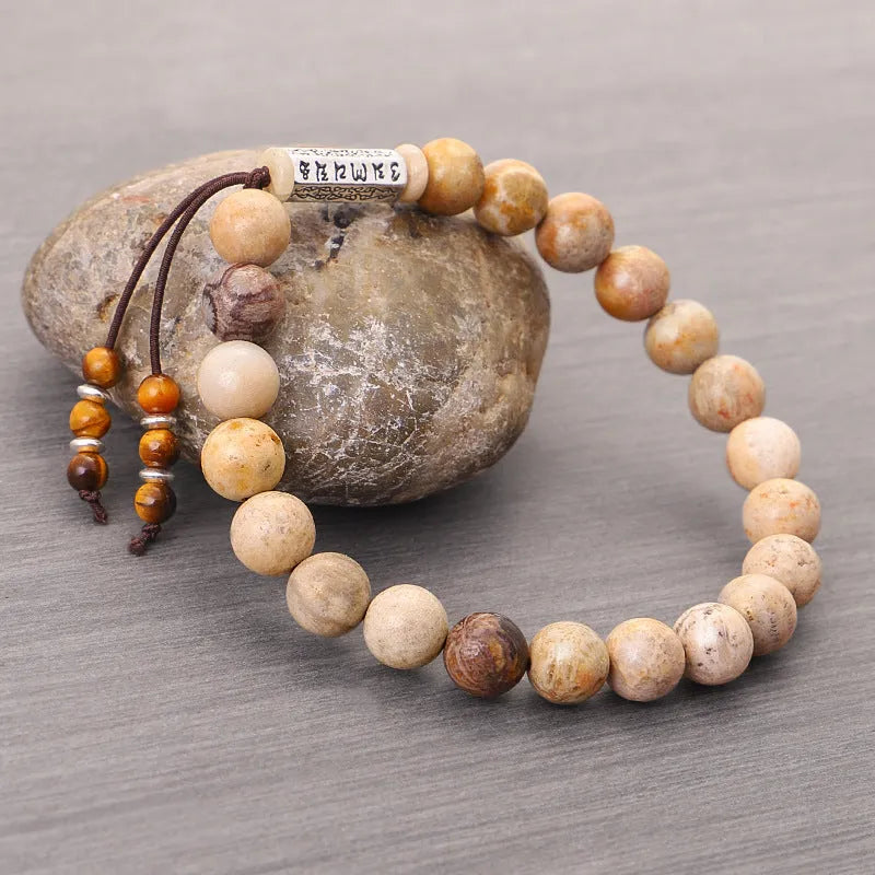 Handmade natural stone bead bracelet in wood colour with retro simple European-American style