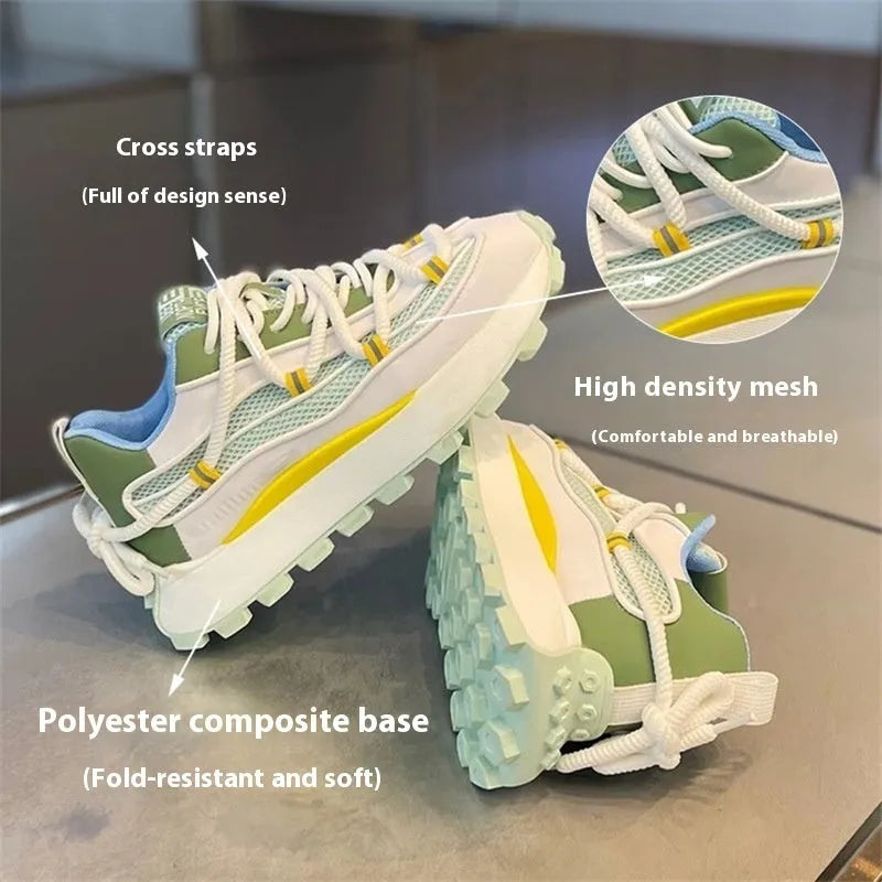 Thick sole height increasing board shoes in white, green, and blue, with mesh upper and rubber sole