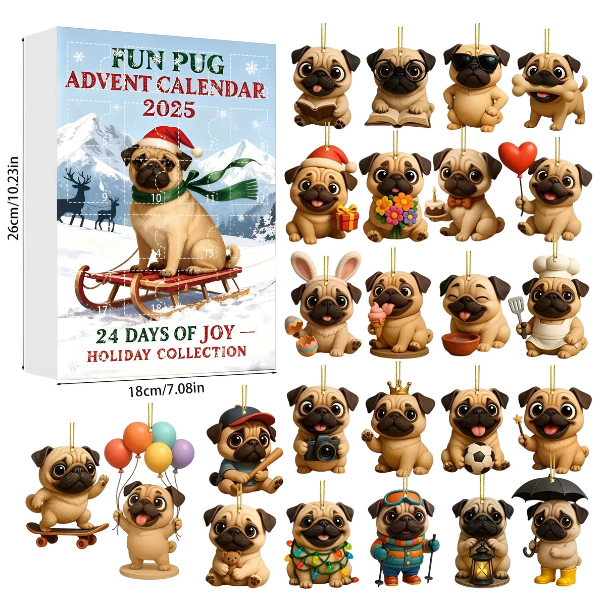 Pug style 2 cartoon anime acrylic Christmas tree ornament in blind box packaging