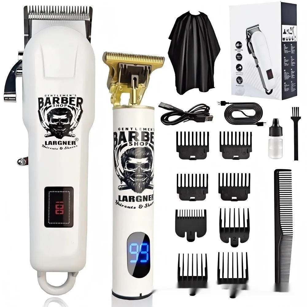 Rechargeable hair clipper with stainless steel cutter head and plastic body on a white background.