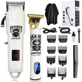 Rechargeable hair clipper with stainless steel cutter head and plastic body on a white background.