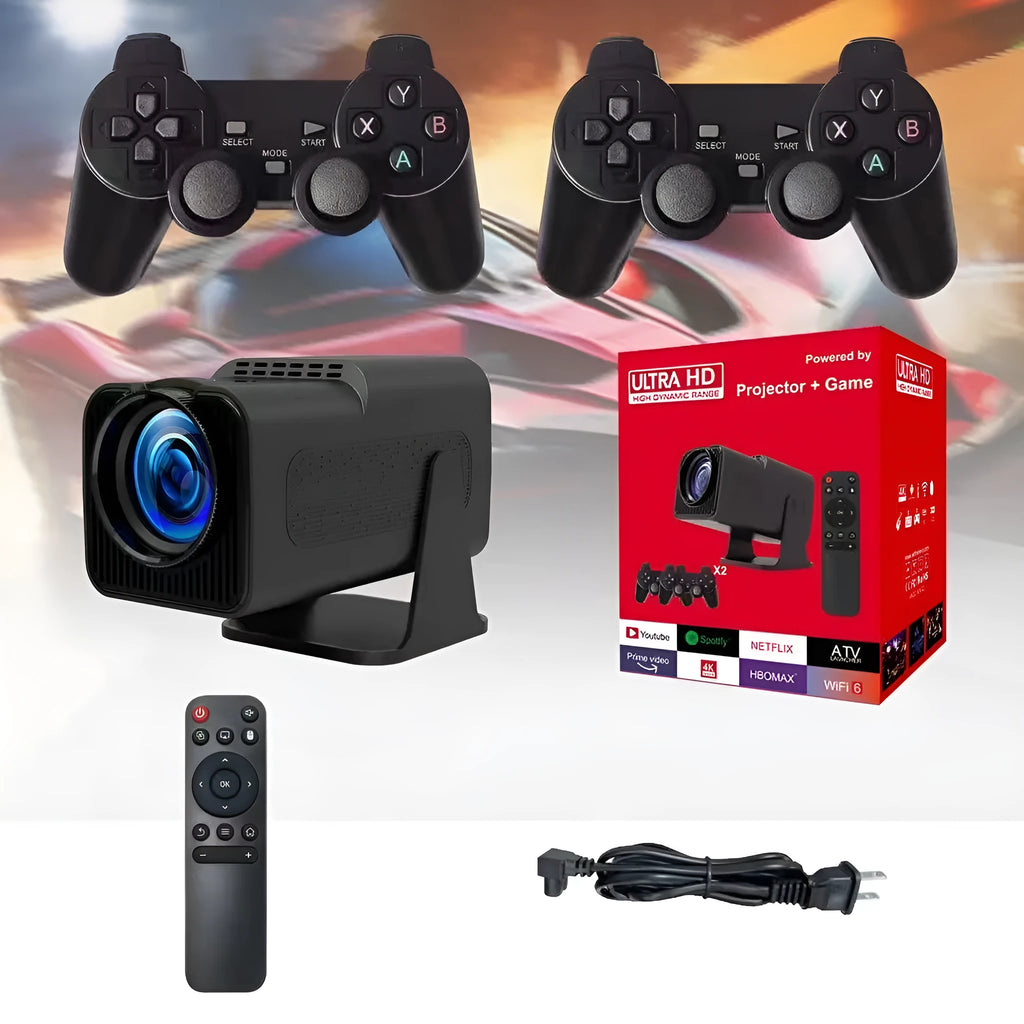 Home projector unit with carrying handle showing 720p HD and wireless projection features