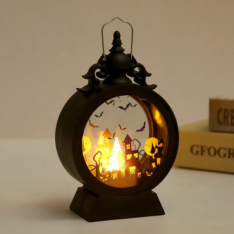 Halloween retro candle portable storm lantern with hook, 9.5x15cm, three light colour options Castle Pumpkin Witch