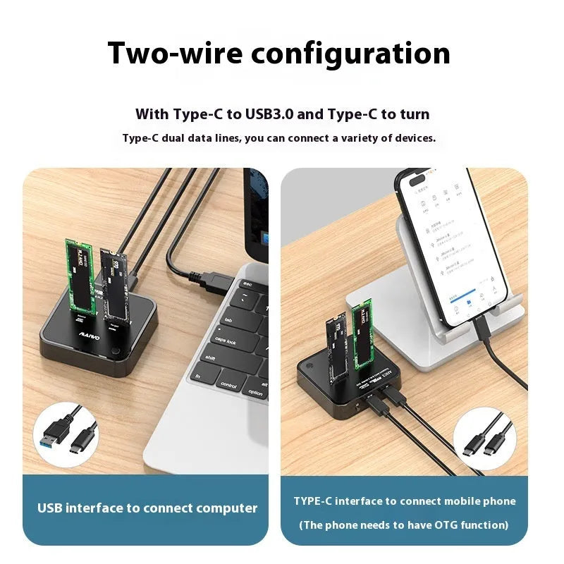 MAIWO K3016 M.2 SSD hard disk duplicator dock with data cables and power adapter.