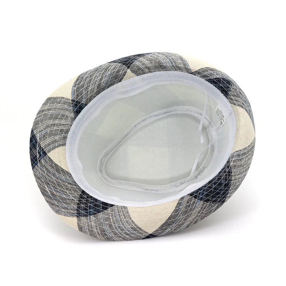 A black or blue polyester straw-style sun hat with a bell crown and medium brim on a neutral background.