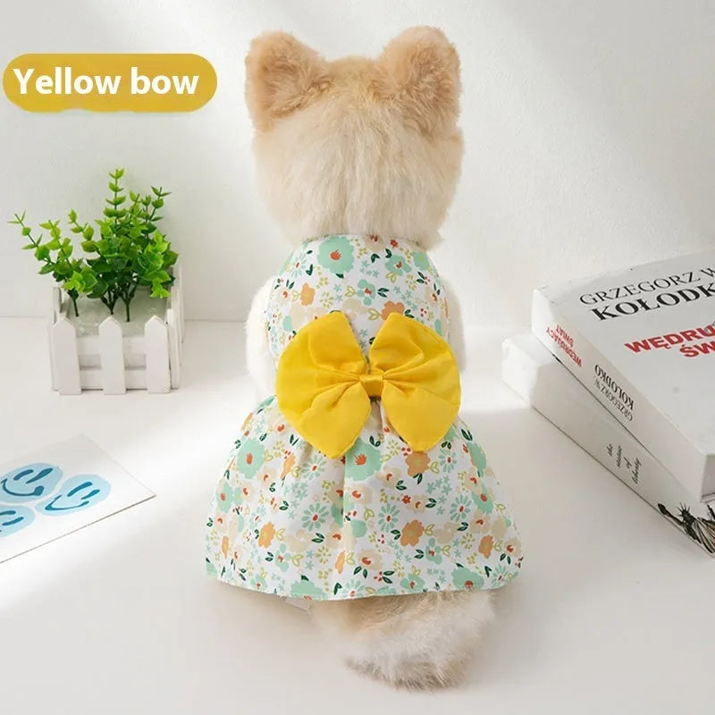 Ultra-thin floral butterfly knot princess dress for a dog or cat on a summer day.
