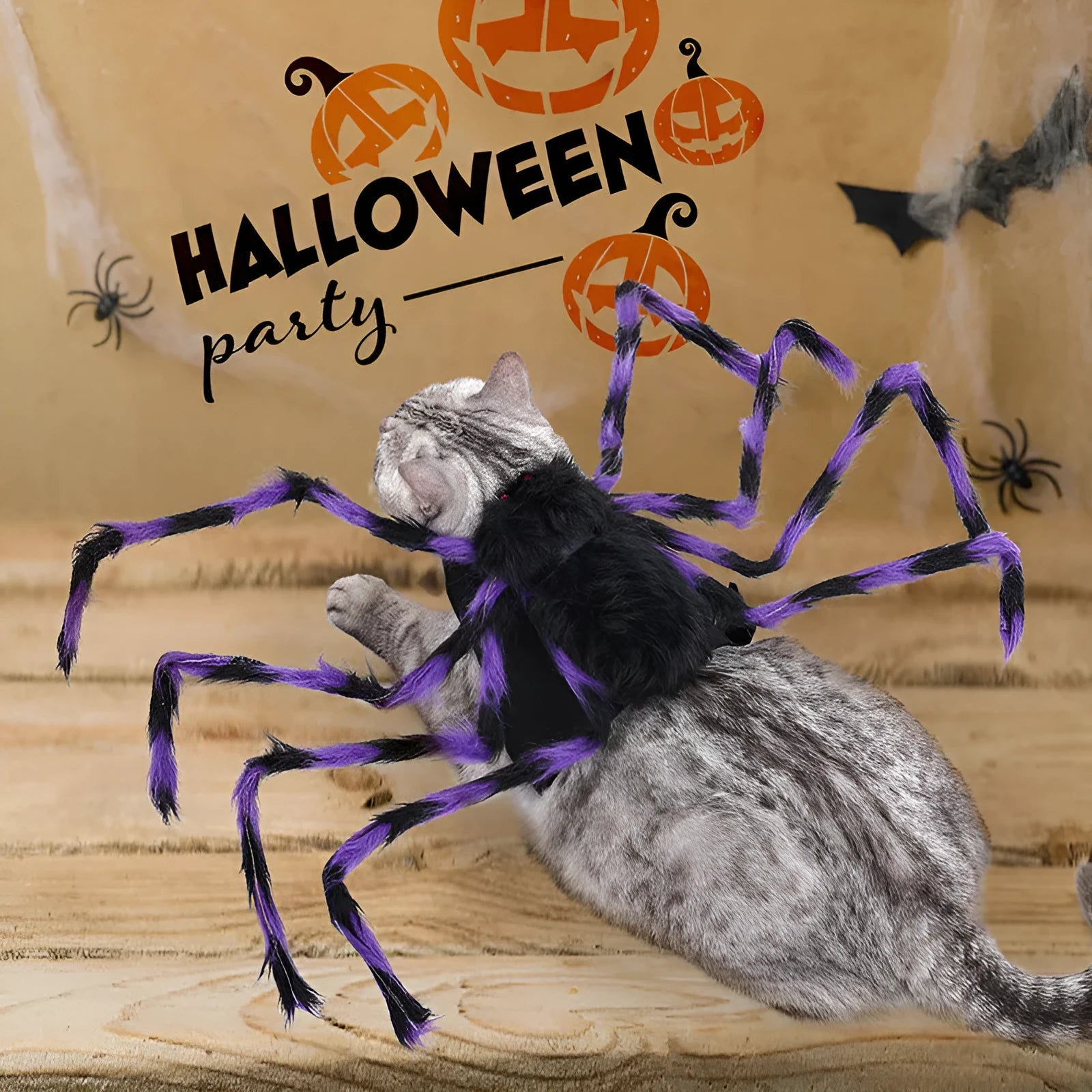 Halloween spider costume for pets in grey, brown, black and purple with leg straps