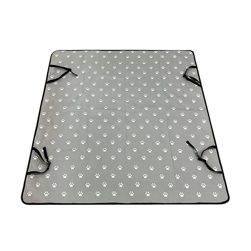 Water resistant cloth car pet mat for the rear seat, shown in a grey dog footprint print design.