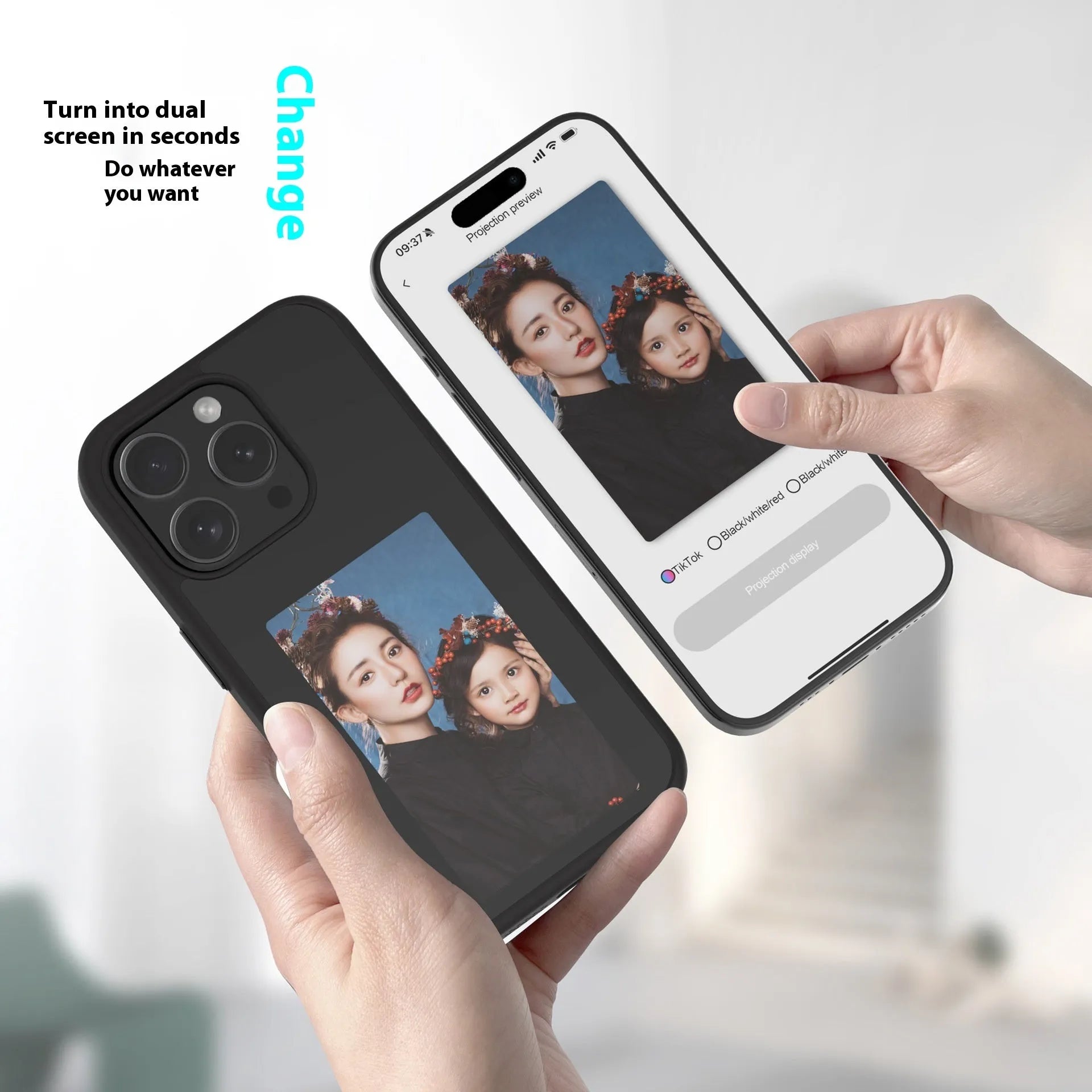 DIY projection screen phone case in black four-colour finish for iPhone 15 Pro Max with TPU anti-fall protection