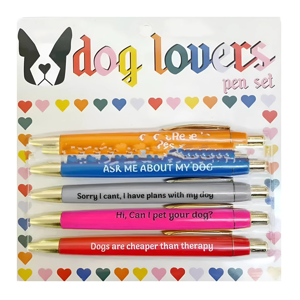 Set of five automatic push-action coloured pens in a beaded bag, with cat or dog design options.