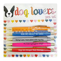 Set of five automatic push-action coloured pens in a beaded bag, with cat or dog design options.