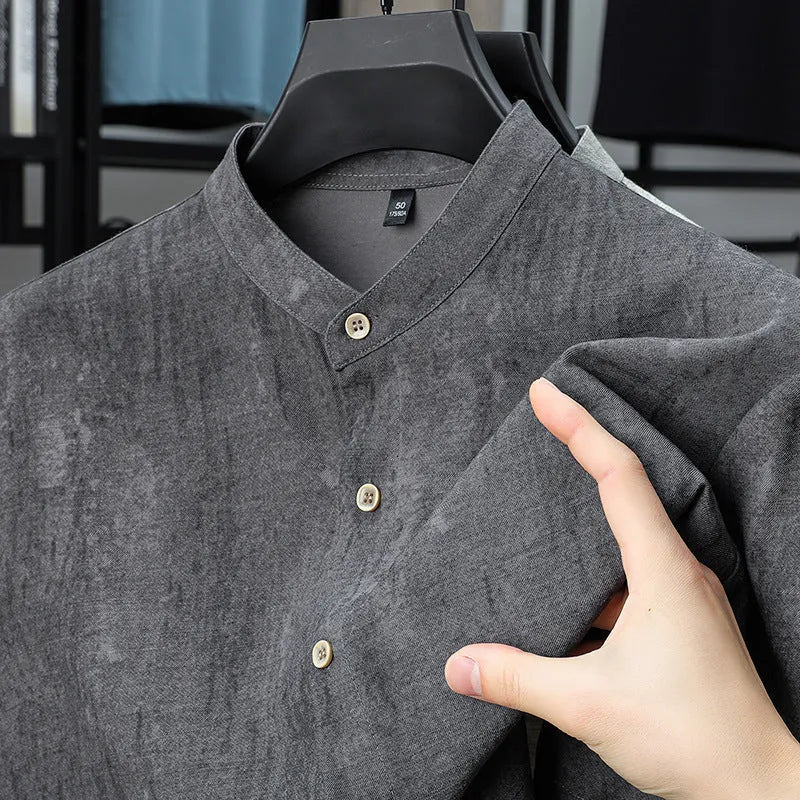 Men's loose fit linen-style shirt in chemical fibre blend fabric with stand collar and short sleeves