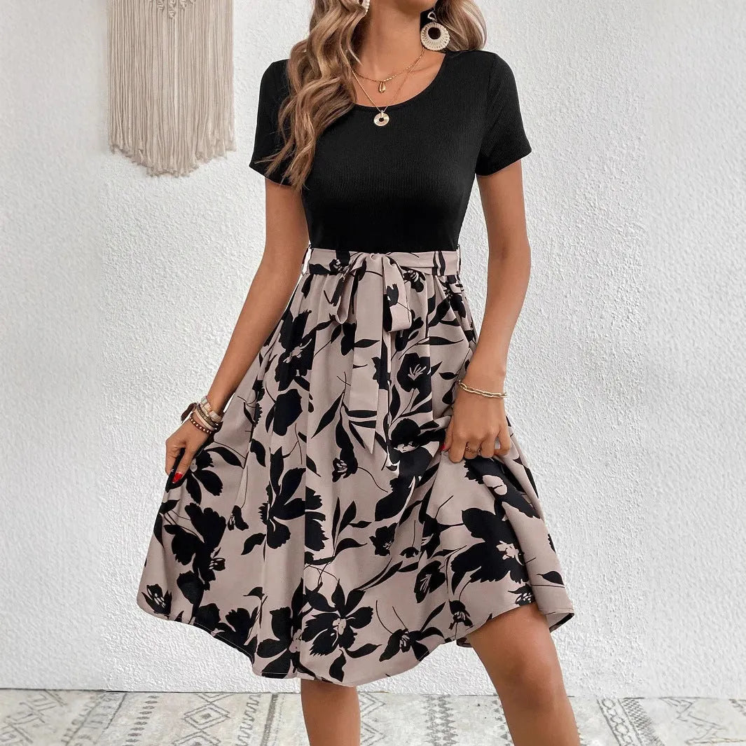Women's khaki dress with floral printing, lace-up front, and A-line silhouette