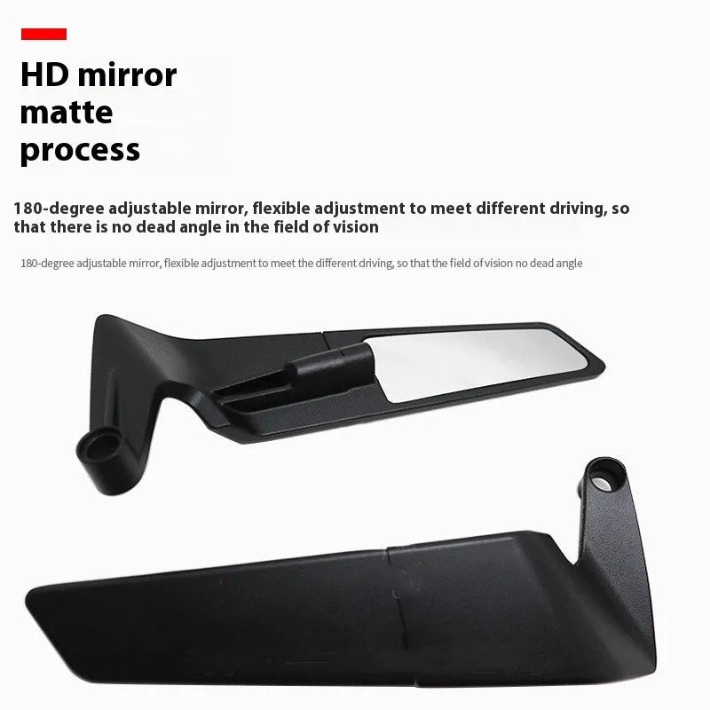 Pair of black universal motorcycle rearview mirrors with spoiler style, aluminium alloy housing and glass lens