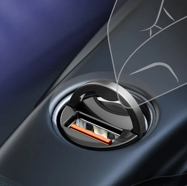 Baseus electro-optical grey single-port 30W USB car charger with 1 metre attached cable.
