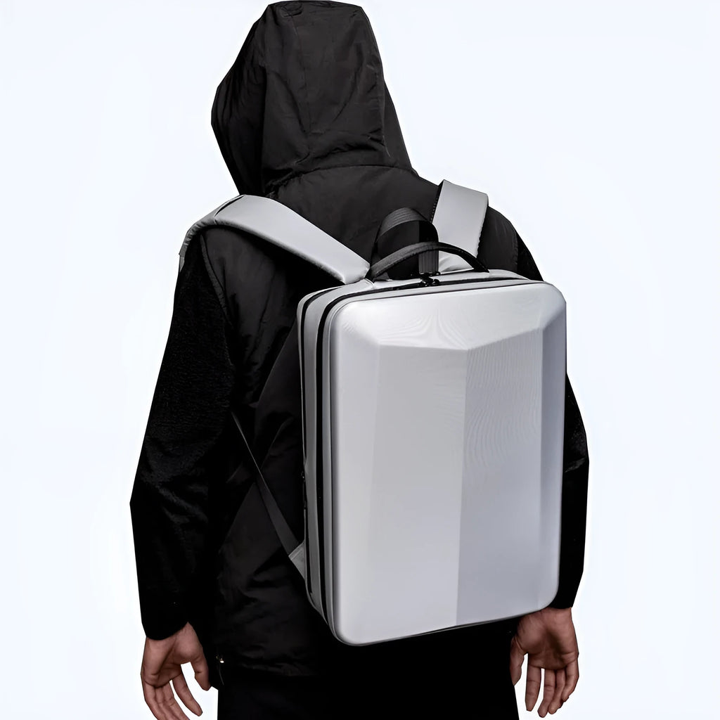 Men's business backpack in black or silver white with ABS PC construction and curved shoulder straps