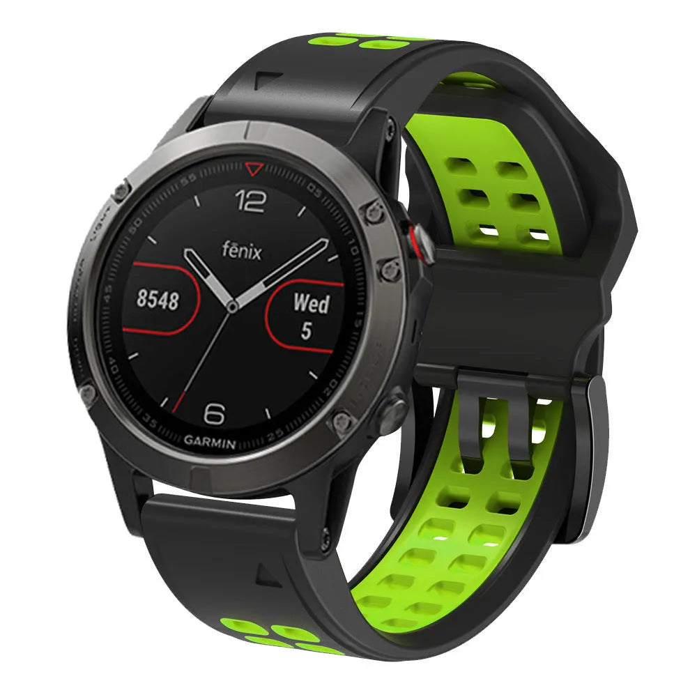 Two-colour quick release silicone watch strap in black and orange with double-row holes and pin buckle