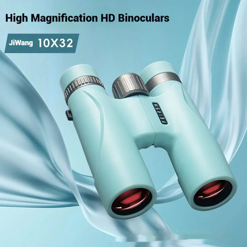 10x32 binoculars with wine red film bright finish showing blue colour option and optical specifications