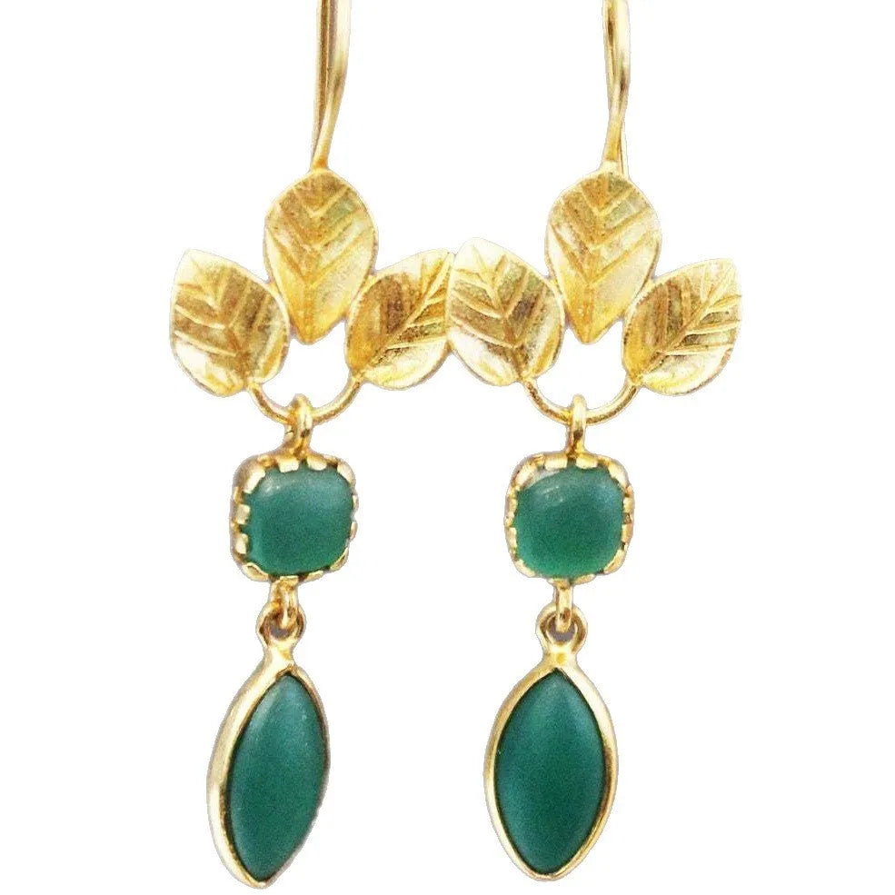 Gold retro-style drop earrings with French leaves, a tassel, and zircon stone details on a copper base.