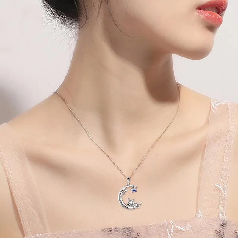 Sterling silver French bulldog moon pendant necklace on box chain with crystal stone