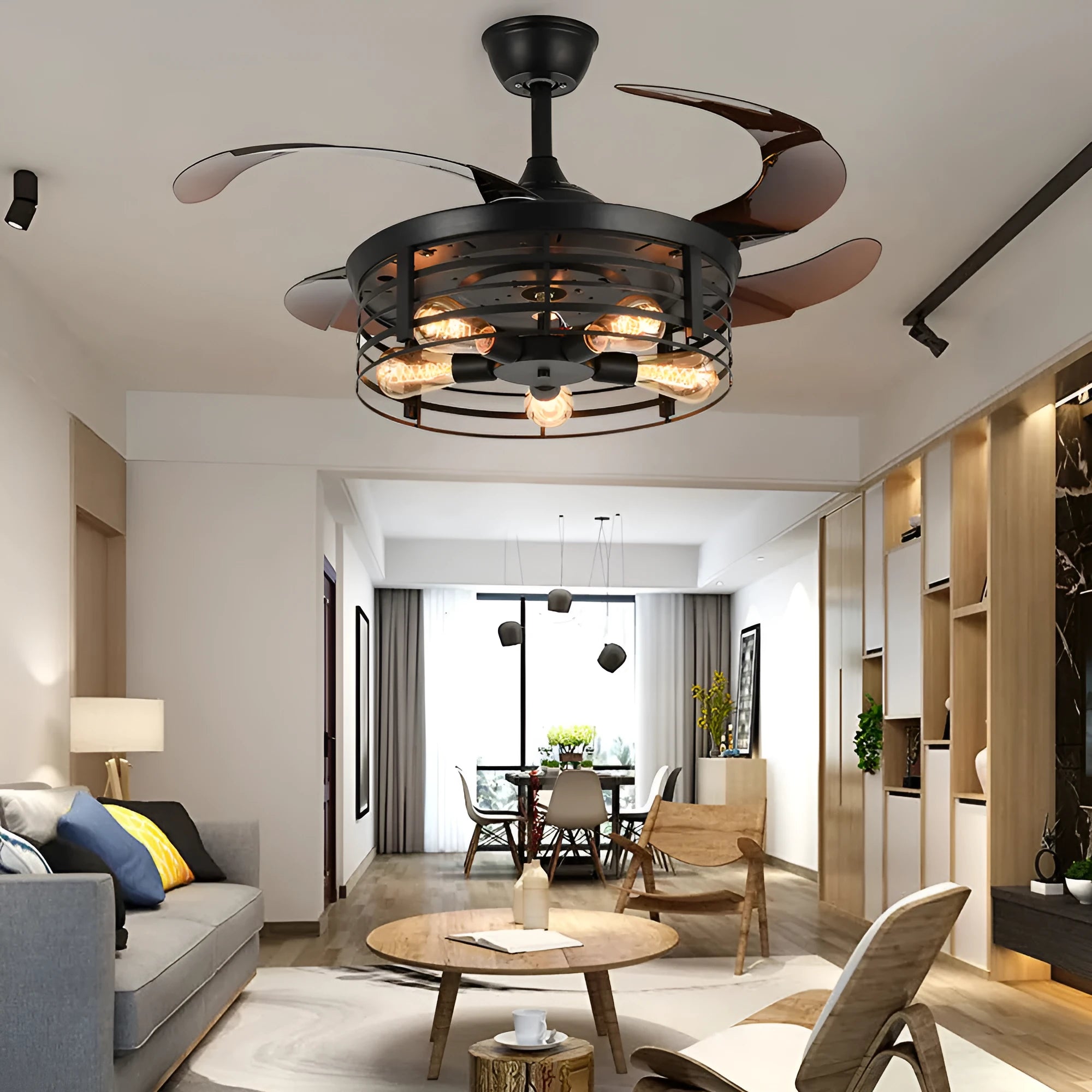 Industrial retro ceiling fan lamp with acrylic blades and integrated light fixture