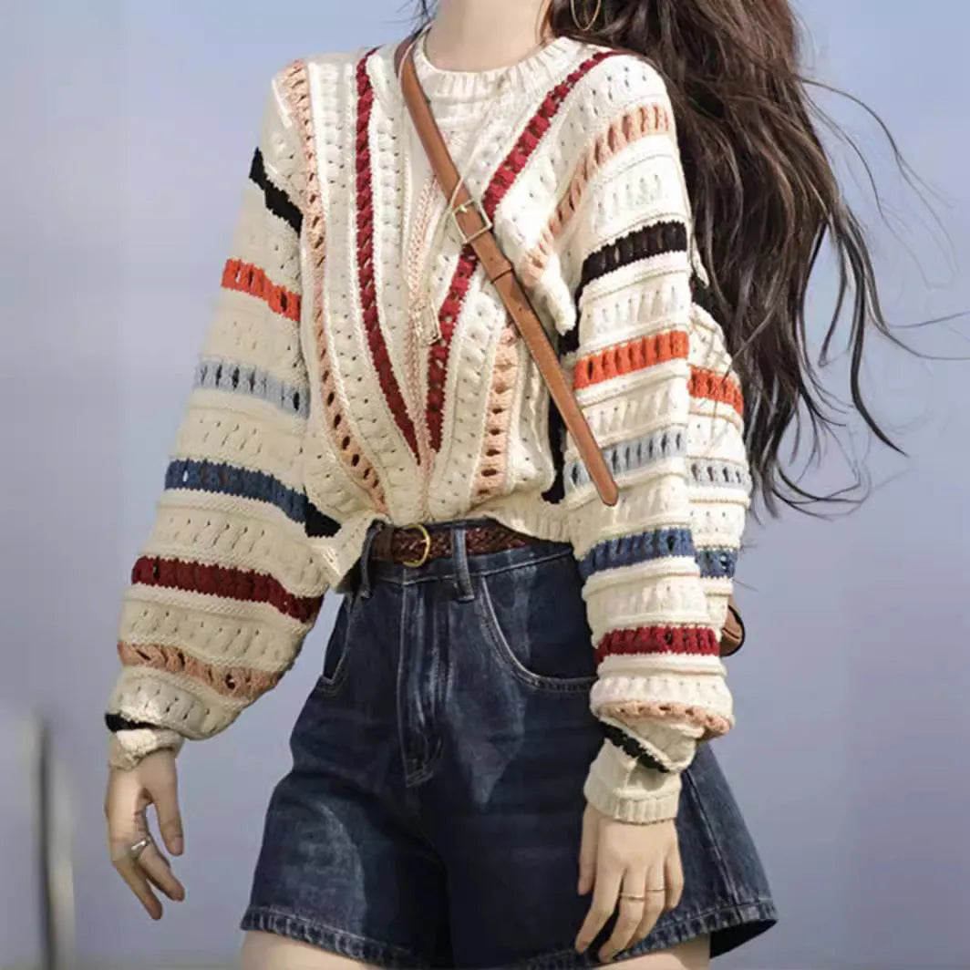 Retro rainbow striped loose-fit pullover sweater with batwing sleeves