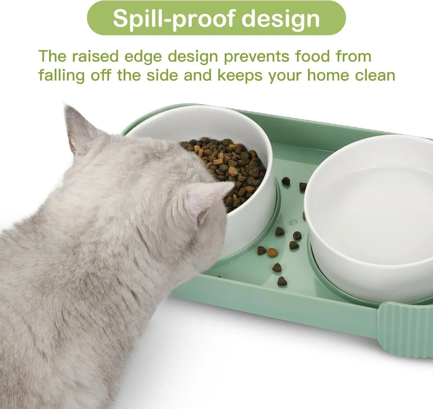 Green ceramic elevated cat bowl set with two bowls on a tilted, non-slip stand.