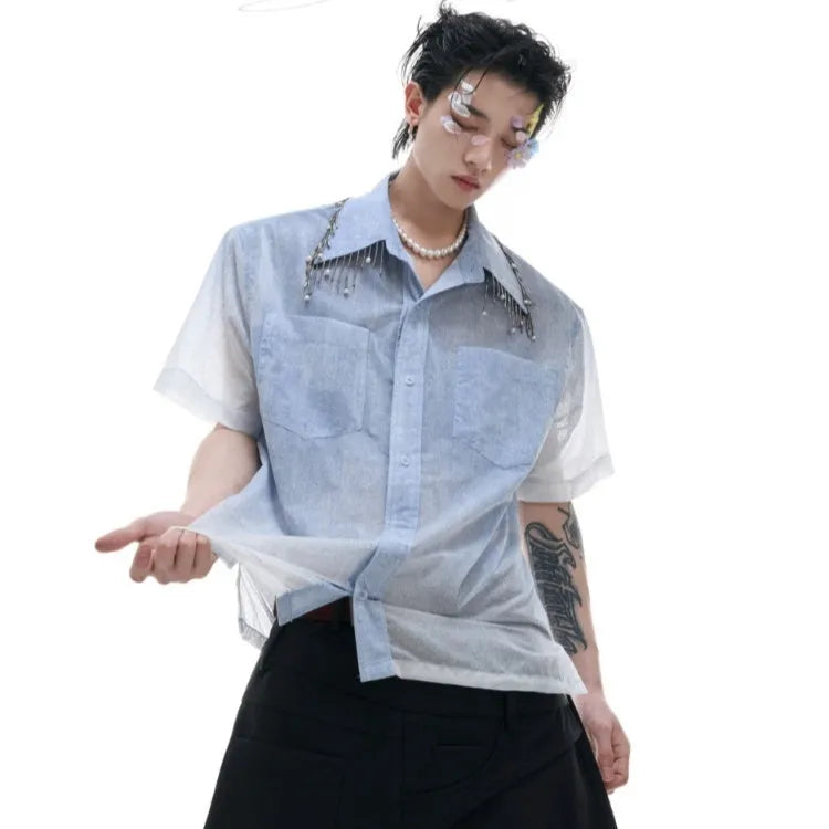 Men's blue and white gradient loose fit short sleeve casual shirt on a hanger.