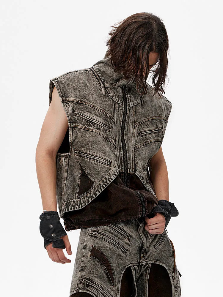 Men's splicing denim vest jacket with zipper front and sleeveless design for summer casual wear